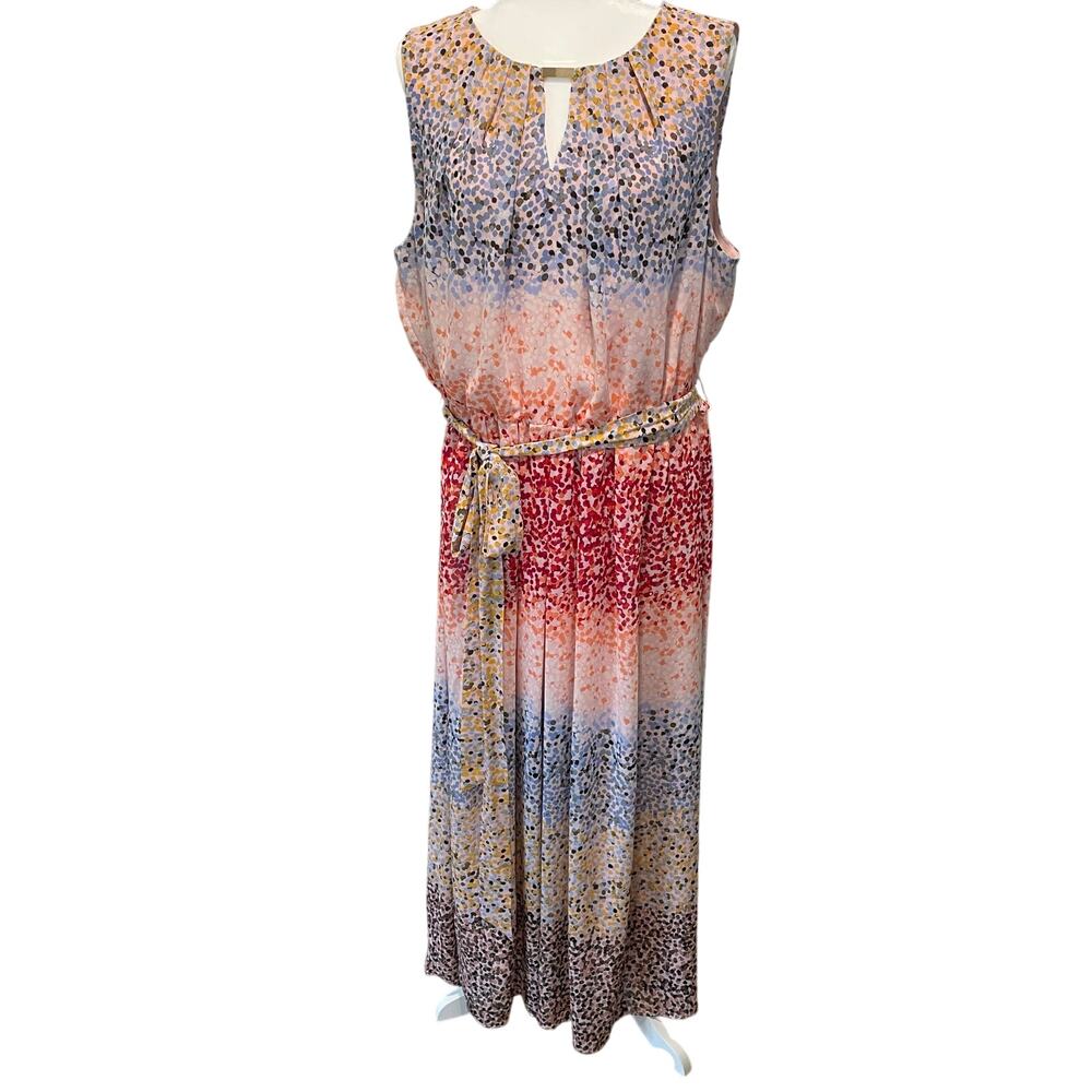 Lane Bryant Maxi Dress Sleeveless Multicolor Belted Keyhole Sz 20 Romantic Chic